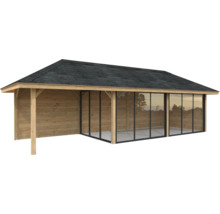 Abri de jardin en bois avec portes coulissantes en verre et toit