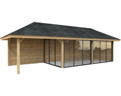 Abri de jardin en bois avec portes coulissantes en verre et toit