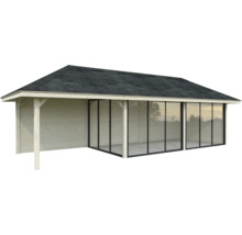 Pavillon de jardin en bois avec façade en verre et toit bitumé