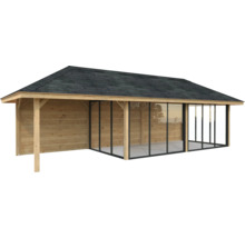 Abri de jardin en bois avec portes coulissantes et toit bitumé