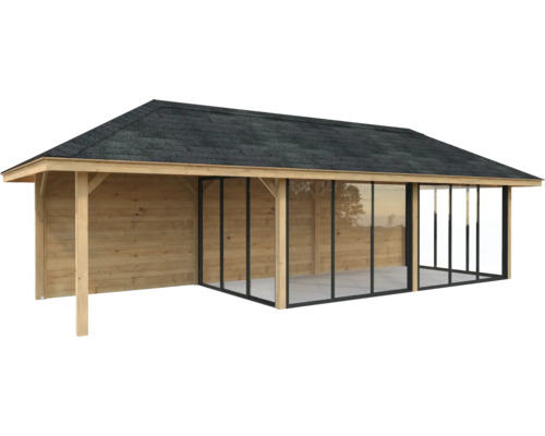 Abri de jardin en bois avec portes coulissantes et toit bitumé