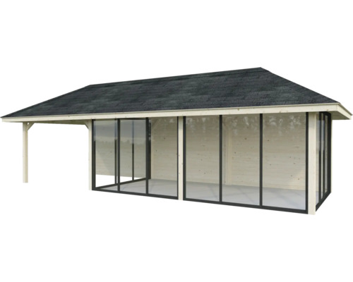 Terrasse en bois couverte avec portes coulissantes en verre et toit