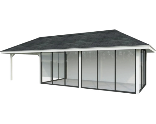 Abri de jardin avec façade en verre et toit à deux pentes