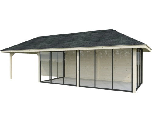 Abri de jardin en bois avec toit plat et portes coulissantes en verre