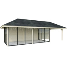 Abri de jardin avec portes coulissantes et carton bitumé pour toiture