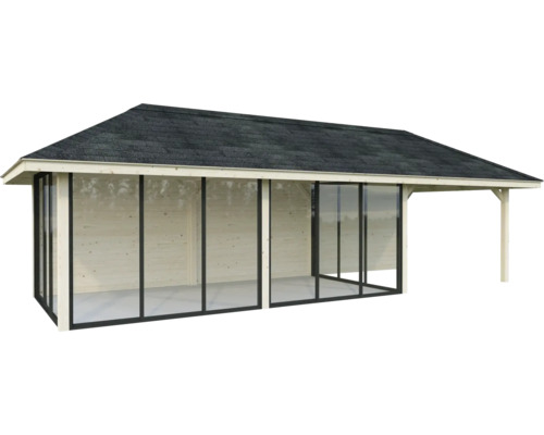 Abri de jardin avec portes coulissantes et carton bitumé pour toiture