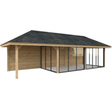 Abri de jardin en bois avec façade en verre et carton bitumé