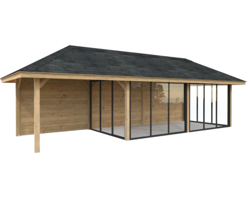 Pavillon Tonnelle Palmako 876 x 300 mm bois brun Abri de jardin en bois avec façade en verre et carton bitumé