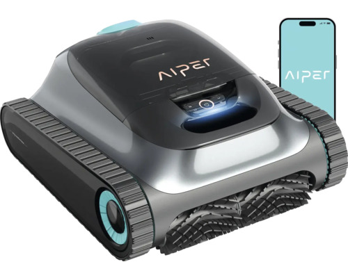 Aiper Logo auf einem Poolreinigungsroboter und einem Smartphone Aiper Logo auf einem Poolreinigungsroboter und einem Smartphone