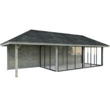 Maison de jardin en bois avec façade en verre et toit à deux pans