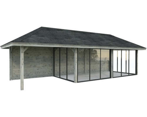 Pavillon Tonnelle Palmako 876 x 300 mm bois gris Maison de jardin en bois avec façade en verre et toit à deux pans