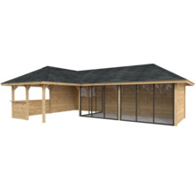 Pavillon de jardin en bois avec toit et portes coulissantes en verre latérales