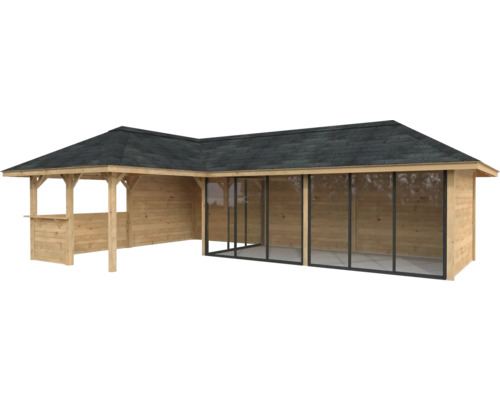 Pavillon de jardin en bois avec toit et portes coulissantes en verre latérales