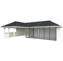 Pavillon avec cadre en bois et parois en verre