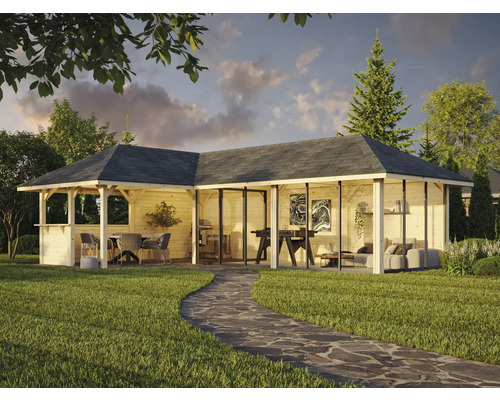 Pavillon en bois avec barbecue, table à manger, fauteuils et portes coulissantes en verre dans le jardin