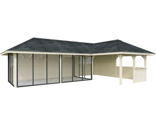 Pavillon de jardin avec toit et parois coulissantes en verre