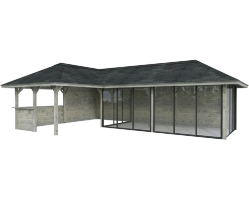 Pavillon en bois avec toit et portes coulissantes en verre