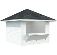 Pavillon de jardin en bois blanc avec comptoir ouvert et toit noir