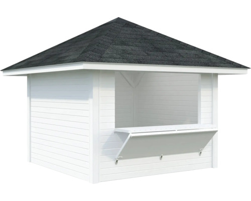 Pavillon de jardin en bois blanc avec comptoir ouvert et toit noir