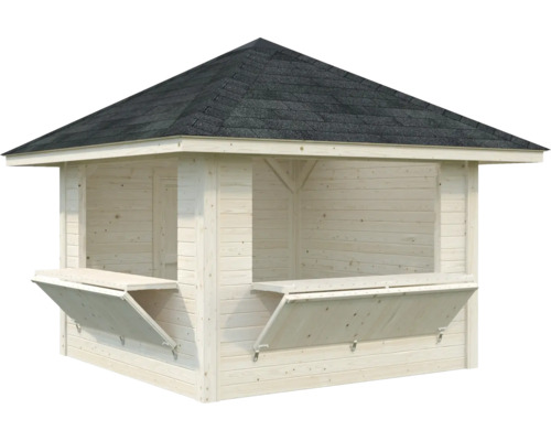 Bar en bois avec tables pliantes et toit