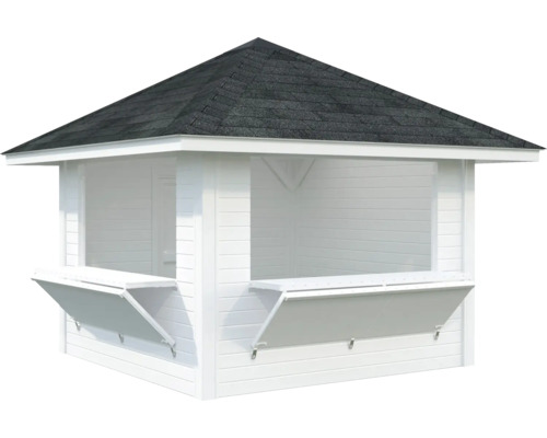 Pavillon blanc avec toit noir et volets ouverts