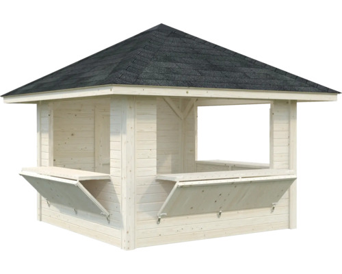 Pavillon en bois avec carton bitumé et tables pliantes