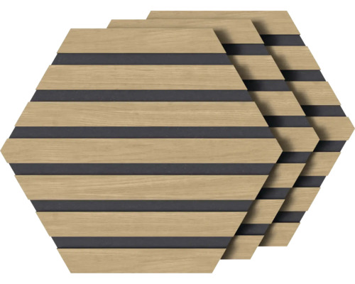 Trois panneaux acoustiques hexagonaux avec structure en bois et bandes sombres