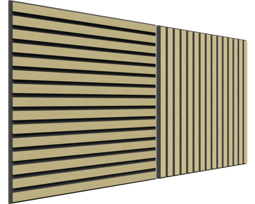 Deux panneaux avec des lamelles en bois pour le revêtement des murs ou des plafonds.