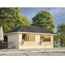 Stand de vente en bois avec tuiles noires, éclairage extérieur et volets ouverts.