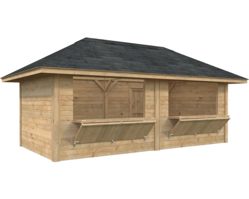 Abri de jardin en bois avec comptoir rabattable et carton bitumé