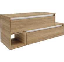 Meuble bas couleur bois avec deux tiroirs et un compartiment ouvert