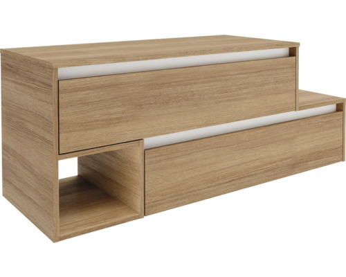 Meuble bas couleur bois avec deux tiroirs et un compartiment ouvert