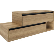 Meuble à tiroirs couleur bois avec deux tiroirs et un compartiment ouvert