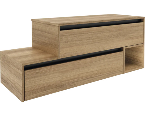 Meuble à tiroirs couleur bois avec deux tiroirs et un compartiment ouvert