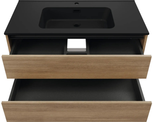 Waschtischunterschrank mit zwei Schubladen und schwarzem Waschbecken