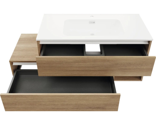 Waschtischunterschrank mit zwei offenen Schubladen und Waschtisch