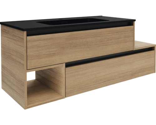 Meuble sous-vasque en bois avec tiroirs et espaces de rangement