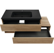 Meuble sous-vasque avec deux tiroirs ouverts et lavabo noir