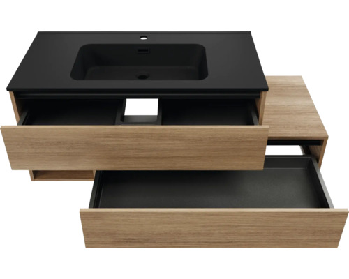 Waschtischunterschrank mit zwei offenen Schubladen und schwarzem Waschbecken