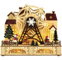 Paysage de Noël décoratif en bois avec grande roue, maisons, Père Noël, bonhomme de neige, sapin de Noël et rennes