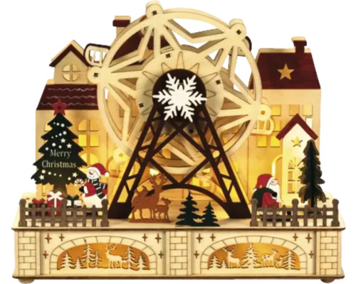 Silhouette en bois LED Konstsmide parc d’attractions h 24,5 cm 10 LED couleur d’éclairage blanc chaud fonctionnement sur batterie Paysage de Noël décoratif en bois avec grande roue, maisons, Père Noël, bonhomme de neige, sapin de Noël et rennes