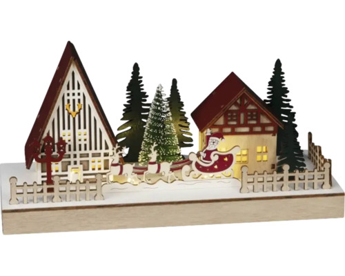 Scène LED Konstsmide village de Noël h 13,6 cm 4 LED couleur d’éclairage blanc chaud avec minuterie 6 heures Décoration de Noël illuminée avec maisons, sapins et Père Noël en traîneau