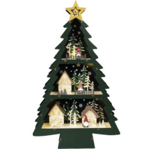 Sapin de Noël décoratif en bois avec étoile, maisons et figurines