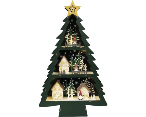 Sapin de Noël avec village LED Konstsmide h 55 cm 10 LED couleur d'éclairage blanc chaud avec minuterie de 6 heures sur batterie Sapin de Noël décoratif en bois avec étoile, maisons et figurines