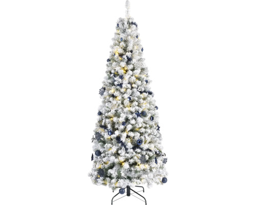 Arbre de Noël artificiel décoré avec effet neige sur un support