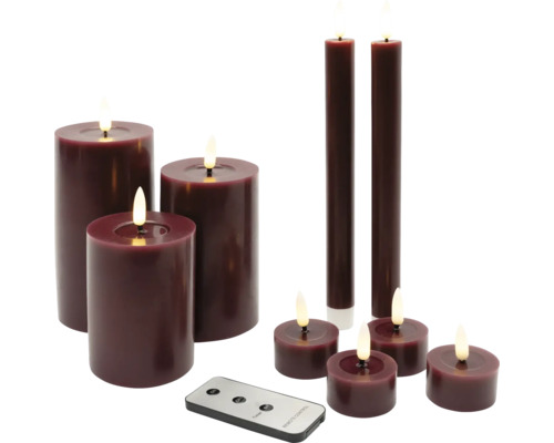 Lot de bougies LED bordeaux Bougies LED décoratives de différentes tailles avec télécommande