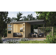 Modernes Gartenhaus mit überdachter Terrasse, Holzstruktur und Sitzgelegenheiten im Freien