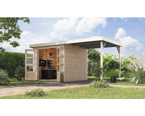 Gartenhaus Karibu Metalwood 3A Blech weiß inkl. Anbaudach 2,35 m 486,5 x 236,5 cm natur Gartenhaus Karibu Metalwood 3A Blech weiß inkl. Anbaudach 2,35 m 486,5 x 236,5 cm natur