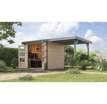 Gartenhaus Karibu Metalwood 3A Blech graualu inkl. Anbaudach 2,35 m 486,5 x 236,5 cm natur