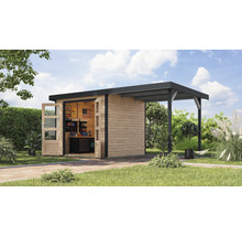 Gartenhaus Karibu Metalwood 3A Blech anthrazit inkl. Anbaudach 2,35 m 486,5 x 236,5 cm natur